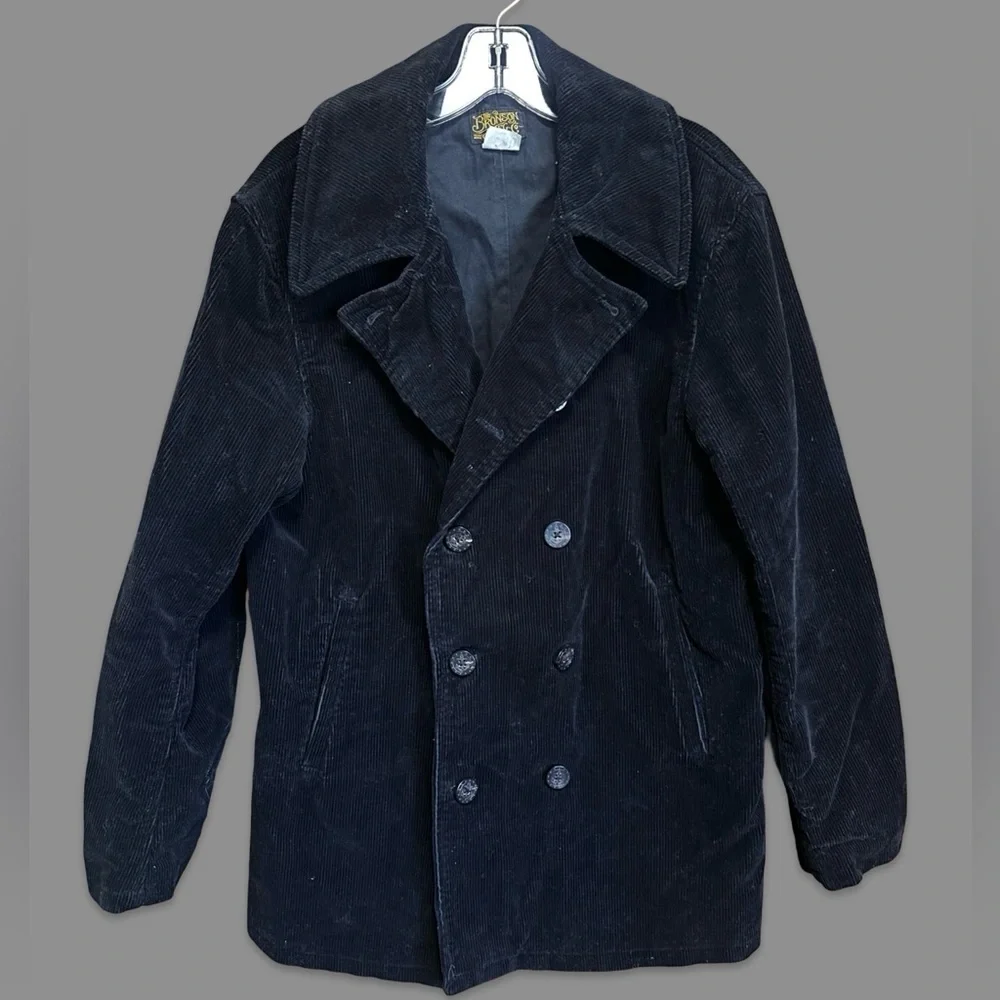 The Bronson Mfg Heritage Corduroy Peacoat Double Breasted Coat Black Retro Sz 40
